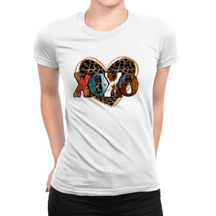 Xoxo Leopard Heart Cowhide Western Glitter Be My Valentine Women T-shirt
