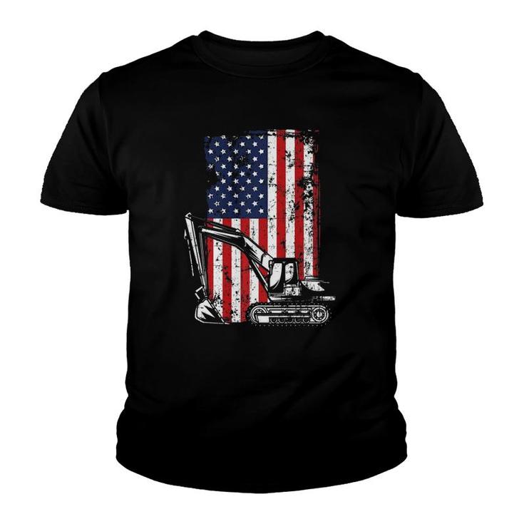 4Th Of July American Flag Construction Backhoe Excavator  Youth T-shirt
