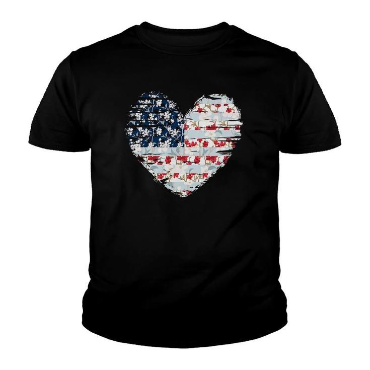 4Th Of July  For Women American Flag Floral Heart Gift Youth T-shirt