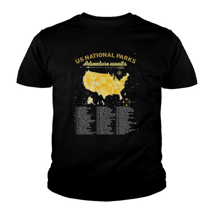 63 National Parks Map Gifts Us Park Vintage Camping Hiking Youth T-shirt