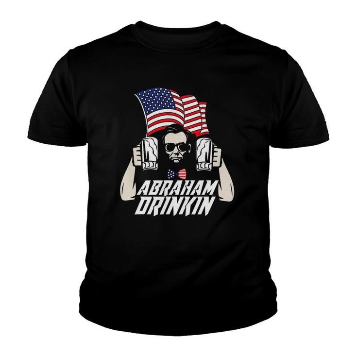 Abraham Drinkin Funny 4Th Of July American Flag Drink Youth T-shirt
