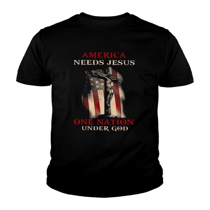 America Needs Jesus One Nation Under God Cross American Flag Vintage Youth T-shirt
