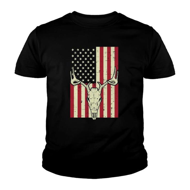 American Flag Deer Skull Vintage Hunting Patriotic Hunt Dad Youth T-shirt