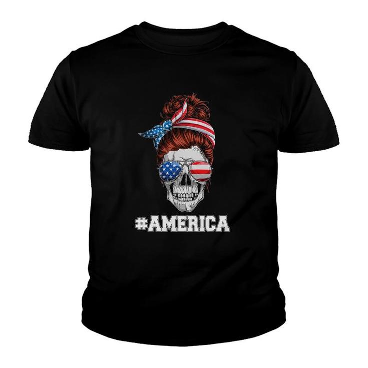 American Women Usa Flag Messy Bun Skull Mom 4Th Of July Youth T-shirt
