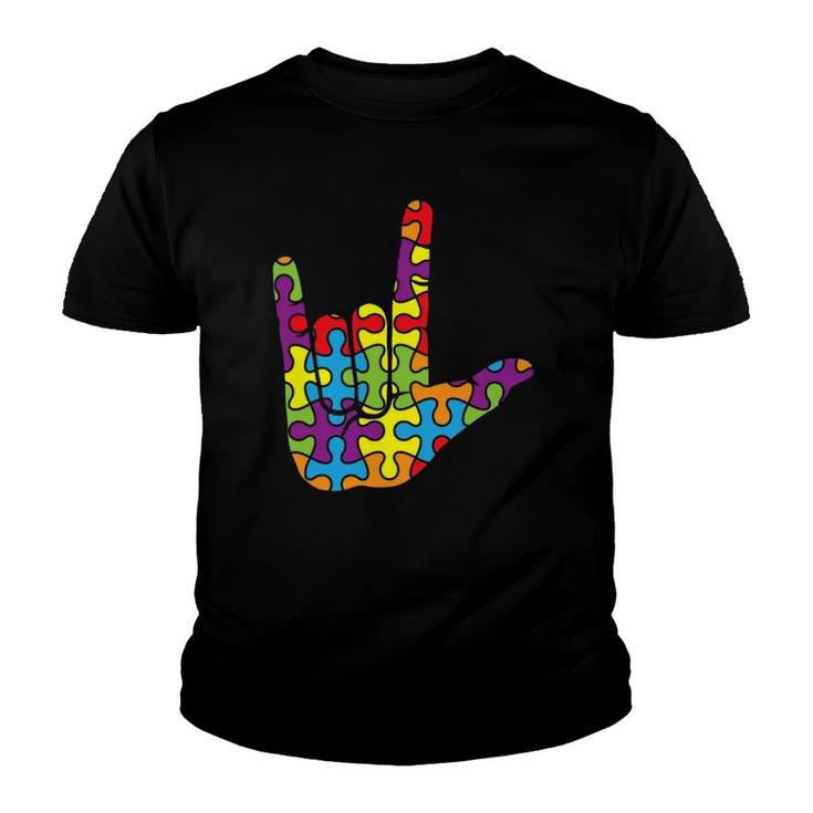 Asl Love Sign Language - Autistic Puzzle Autism Awareness Youth T-shirt