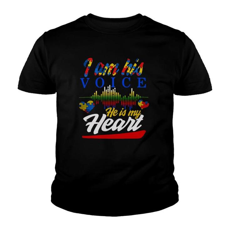 Autism I Am His Voice He Is My Heart Autism Awareness Gift Hearts Heartbeat Puzzle Pieces Women Mom D Puzzle Pieces Youth T-shirt