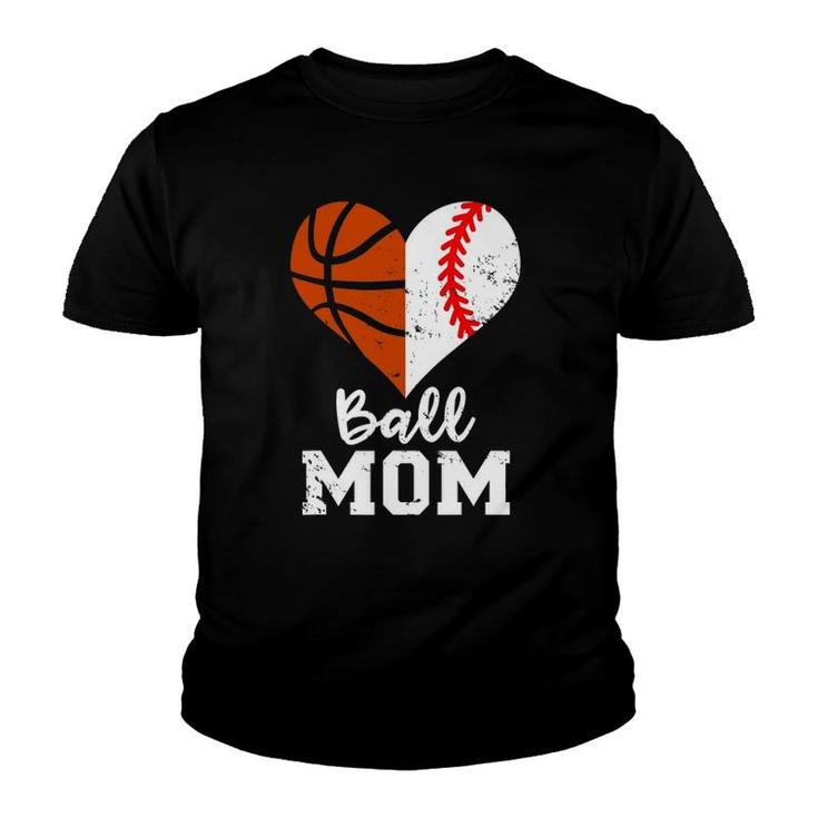 Ball Mom Heart Funny Baseball Basketball Mom Youth T-shirt
