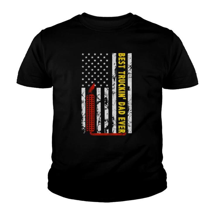 Best Truckin Dad Ever Thin Yellow Line American Flag Trucker  Youth T-shirt