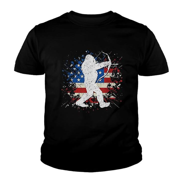 Bigfoot Bow Hunting Archery American Flag Sasquatch Hunter Youth T-shirt