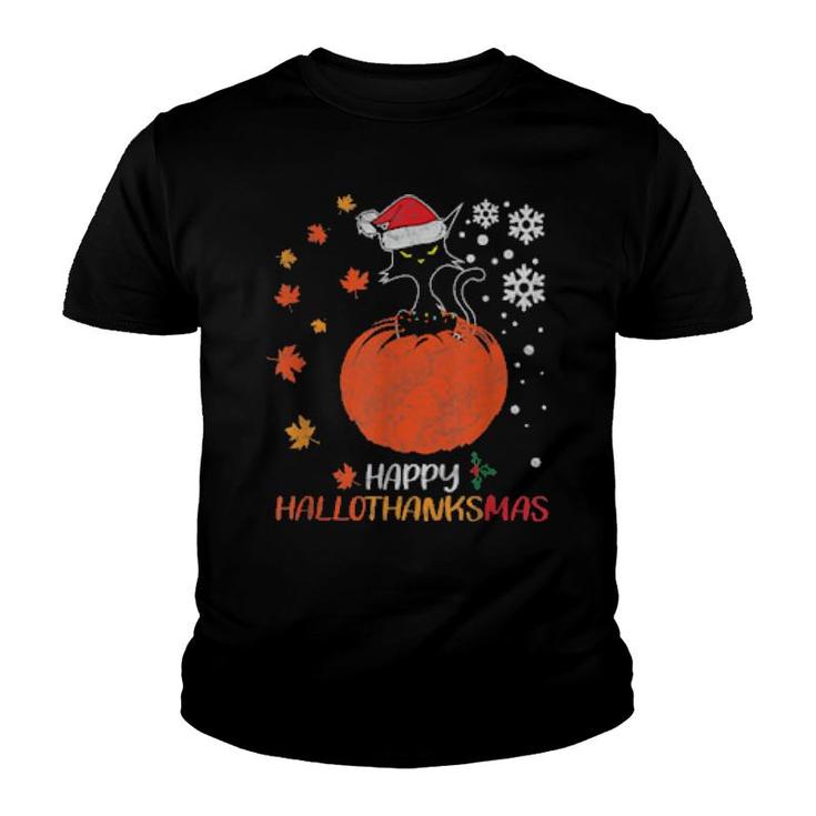 Black Cat Holiday Happy Hallowthanksmas Christmas Halloween  Youth T-shirt