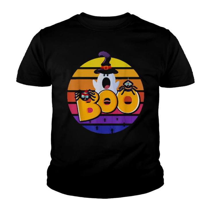 Boo With Cute Spiders And Witch Hat Halloween Sunset Retro  Youth T-shirt