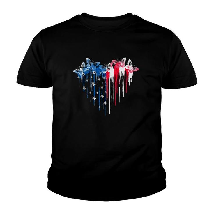 Butterfly Lover 4Th Of July Dripping American Flag Heart Youth T-shirt