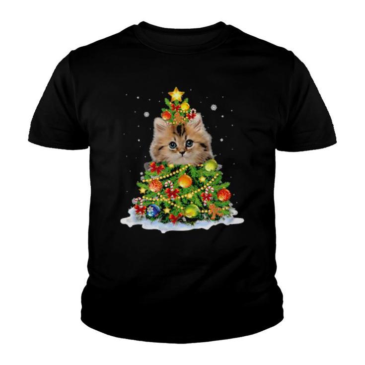 Cat Christmas Tree Ornaments Decor Pajamas Family Xmas  Youth T-shirt