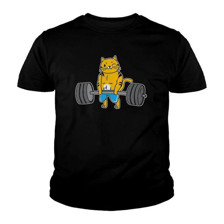 Cat Deadlift Powerlifting Weightlifter Cat Lover Youth T-shirt