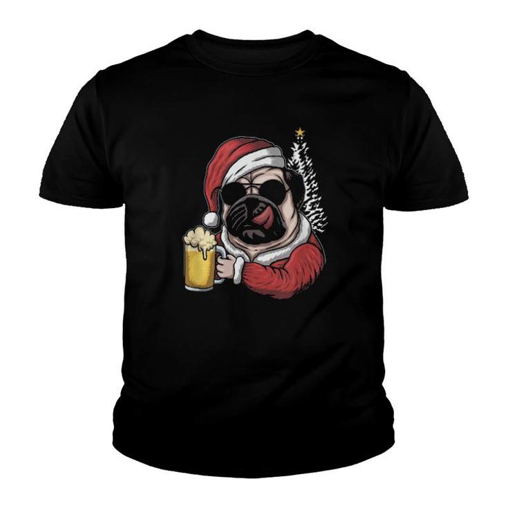 Christmas A Pitbull Dog Santa Hat And Drink Beer On Xmas Tee  Youth T-shirt