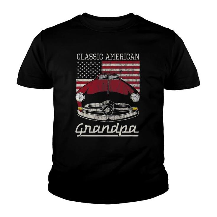 Classic American Grandpa American Flag Antique Car Youth T-shirt