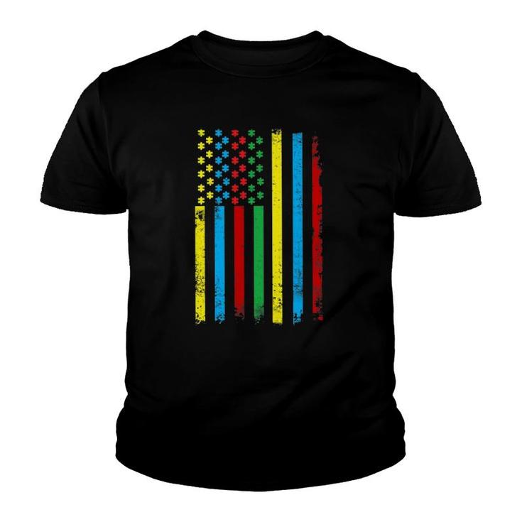 Colorful Usa Flag Puzzle Pieces World Autism Awareness Tee Youth T-shirt