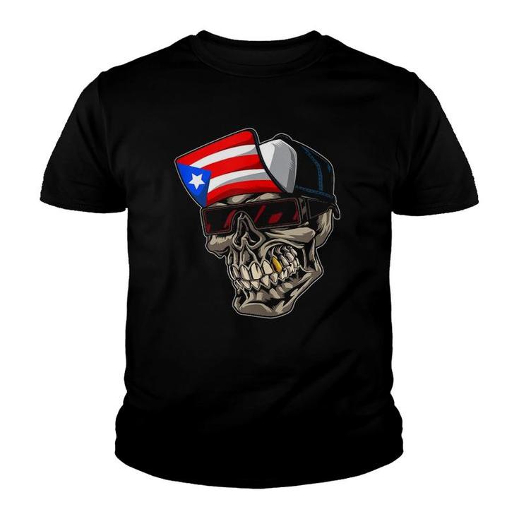 Cool Puerto Rican Skull With Cap And Puerto Rico Flag  Youth T-shirt