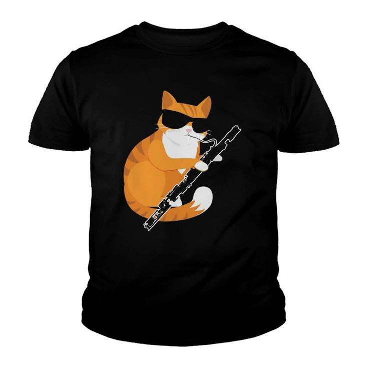 Cute Music Cat Sunglasses Musical Instrument Bassoon Player Youth T-shirt