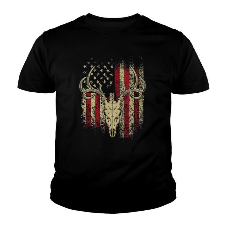 Deer Hunters Deer Skull On American Flag  Youth T-shirt
