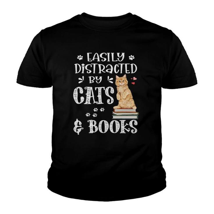 Easily Distracted Cats And Books Cat And Book Lovers Youth T-shirt