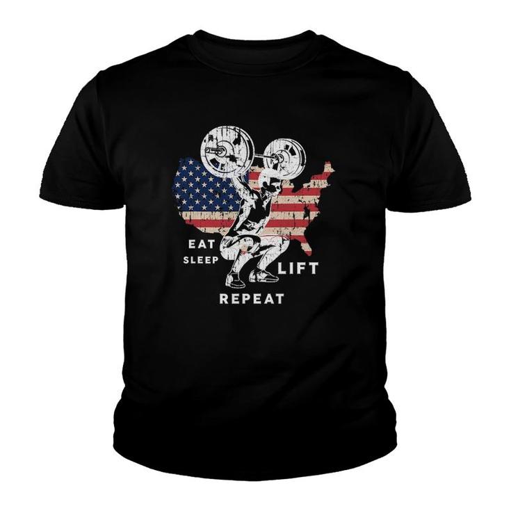 Eat Sleep Lift Repeat Gym American Workout Usa Flag Youth T-shirt