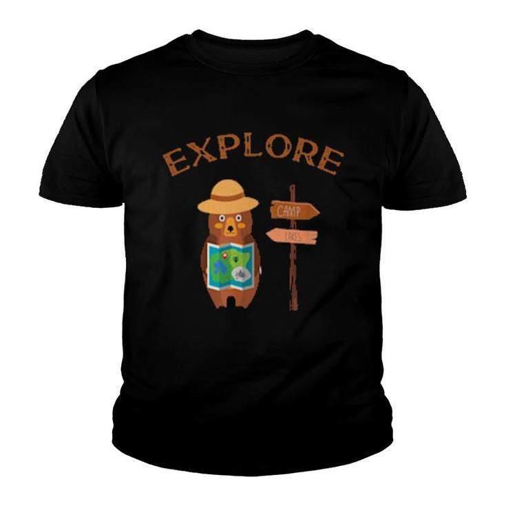 Explorer Backpacking Hiking Bear With Map,Camping And Hiking  Youth T-shirt