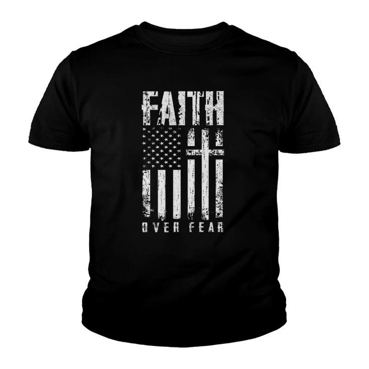 Faith Over Fear Christian Cross American Usa Flag Youth T-shirt