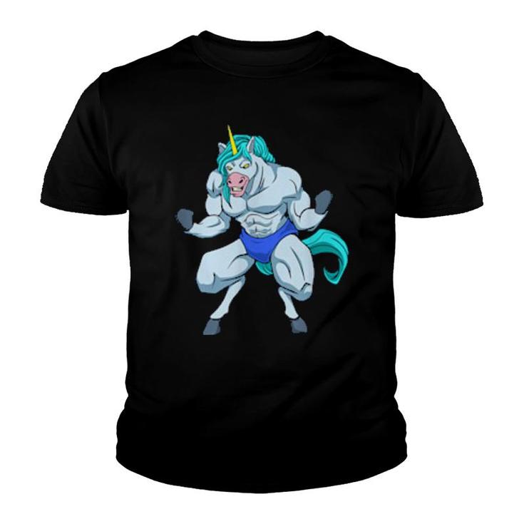 Fitness Bodybuilder Unicorn Shows Muscles Gym  Youth T-shirt