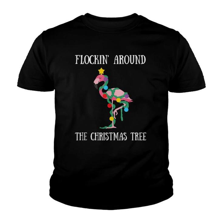 Flamingo Flocking Around The Christmas Tree Light Chain  Youth T-shirt