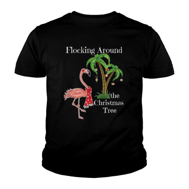 Flocking Around The Christmas Tree Flamingo With Palm Tree Youth T-shirt