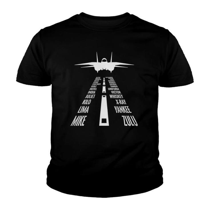 Flying F14 Tomcat Pilot Landing Phonetic Alphabet Runway Youth T-shirt