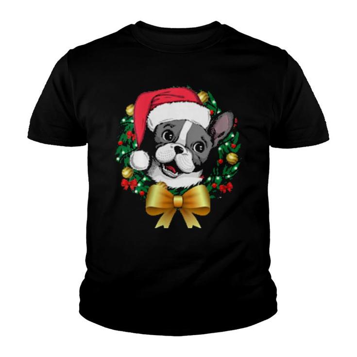 French Bulldog Christmas  Santa Xmas Wreath Tree  Youth T-shirt