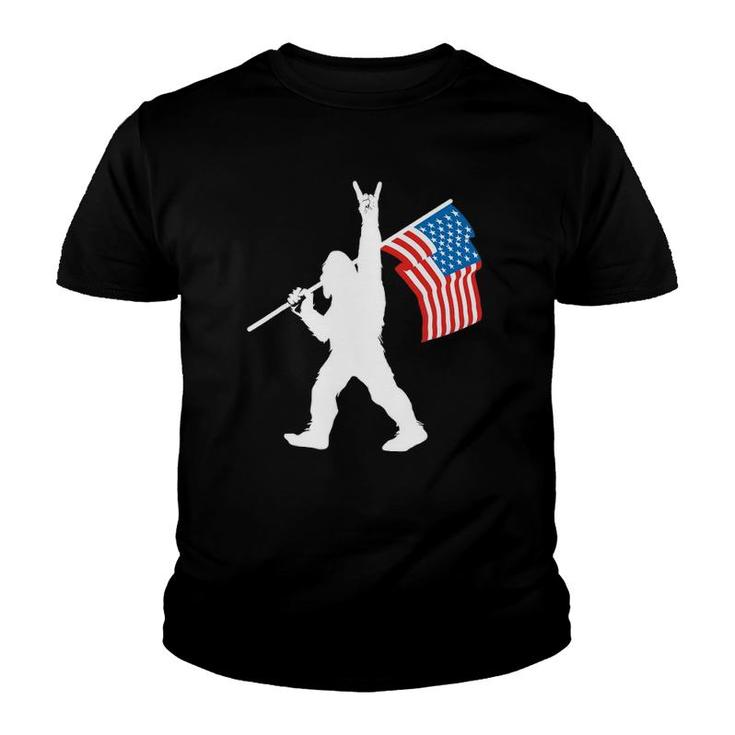 Funny Sasquatch Rock And Roll Usa Flag For Bigfoot Believers Youth T-shirt