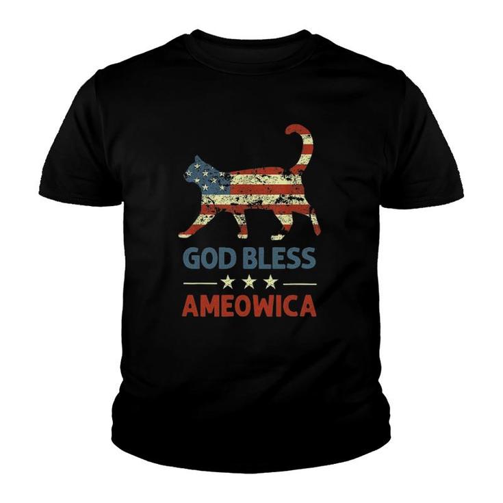 God Bless Ameowica Funny Patriotic Cat 4 July Stars Stripes Youth T-shirt