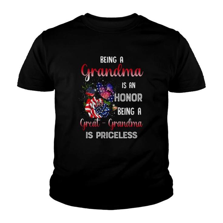 Grandmother Matching Family Being A Great Grandma Is Priceless Gift American Flag Flower Butterflies Youth T-shirt