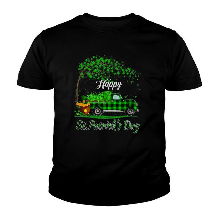 Happy St Patrick's Day Green Truck Buffalo Plaid Shamrock Youth T-shirt