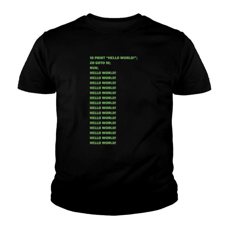 Hello World Basic Language First Coding Monochrome Green Youth T-shirt