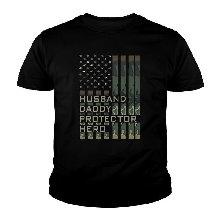 Husband Daddy Protector Hero Father's Day American Flag Youth T-shirt