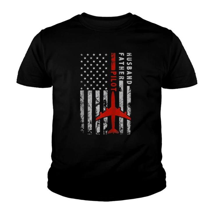 Husband Father Pilot American Flag Fathers Day Papa Gift Zip Youth T-shirt