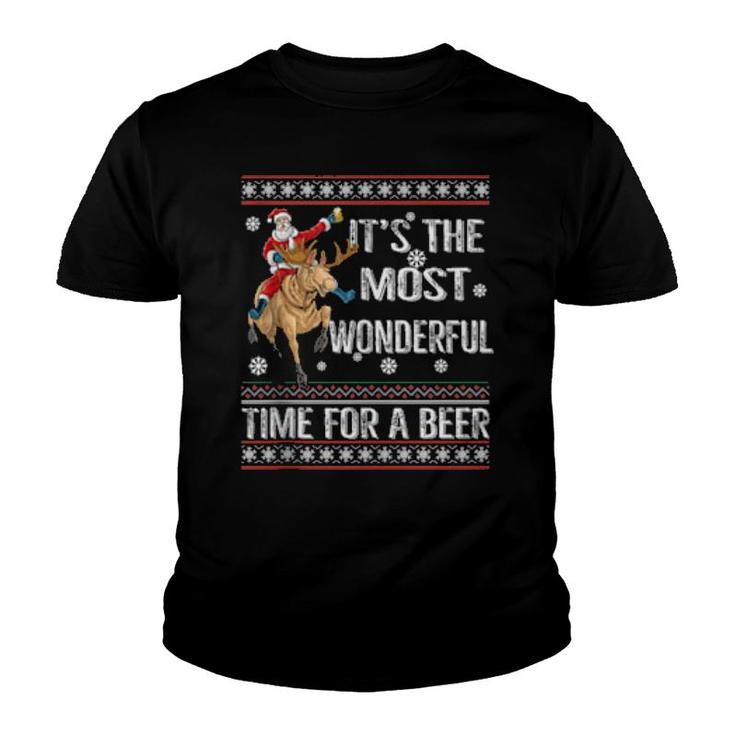 Its The Most Wonderful Time For A Beer Santa Riding Reindeer  Youth T-shirt