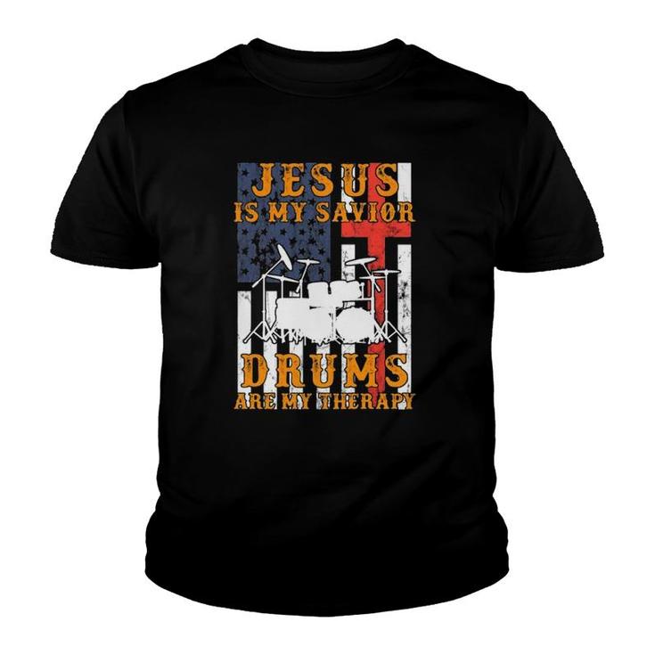 Jesus Is My Savior Drums Are My Therapy Vintage American Flag Youth T-shirt