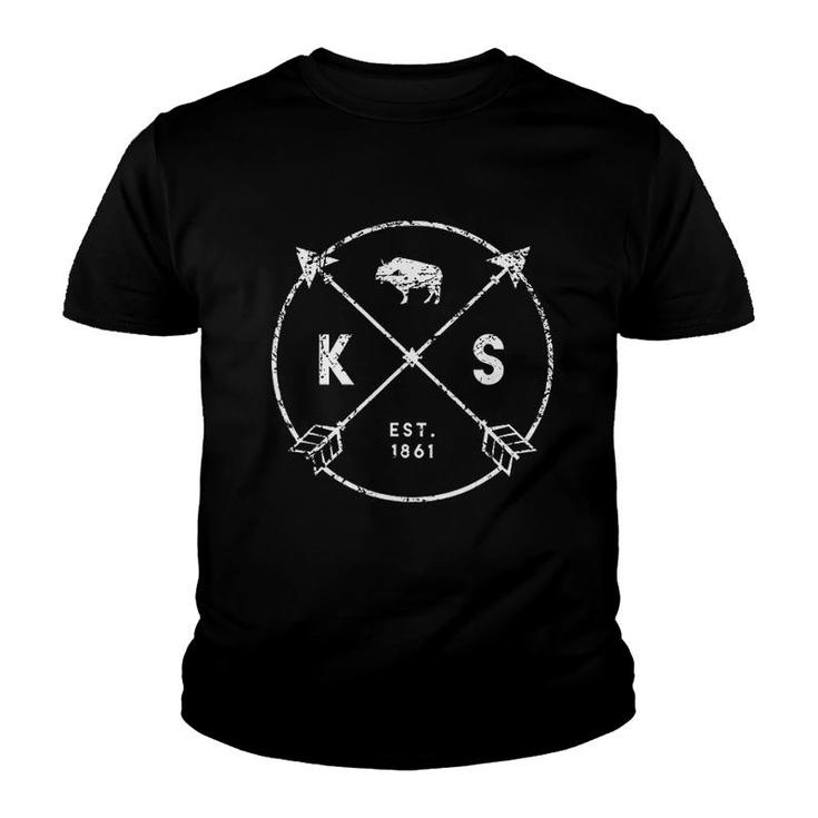 Kansas Adventure Est 1861 Buffalo Arrows Tribal State Youth T-shirt