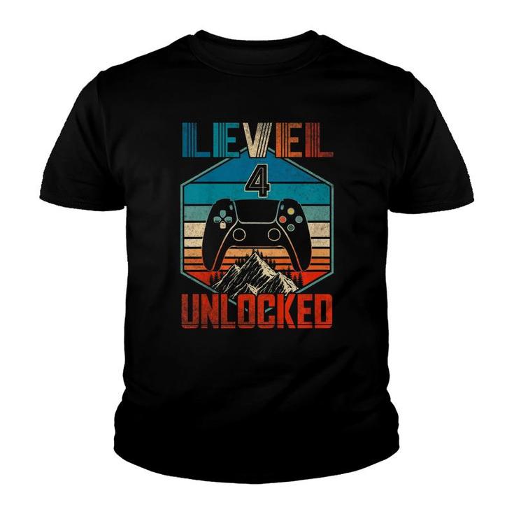Kids 4Th Birthday Vintage Level 4 Unlocked Video Gamer  Youth T-shirt