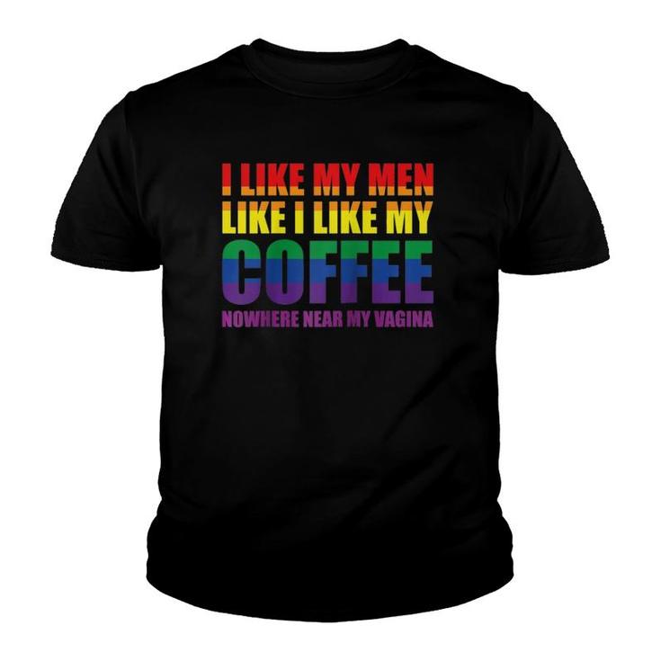 Lgbt I Like My Men How I Like My Coffee Rainbow Wlw Pride Raglan Baseball Tee Youth T-shirt