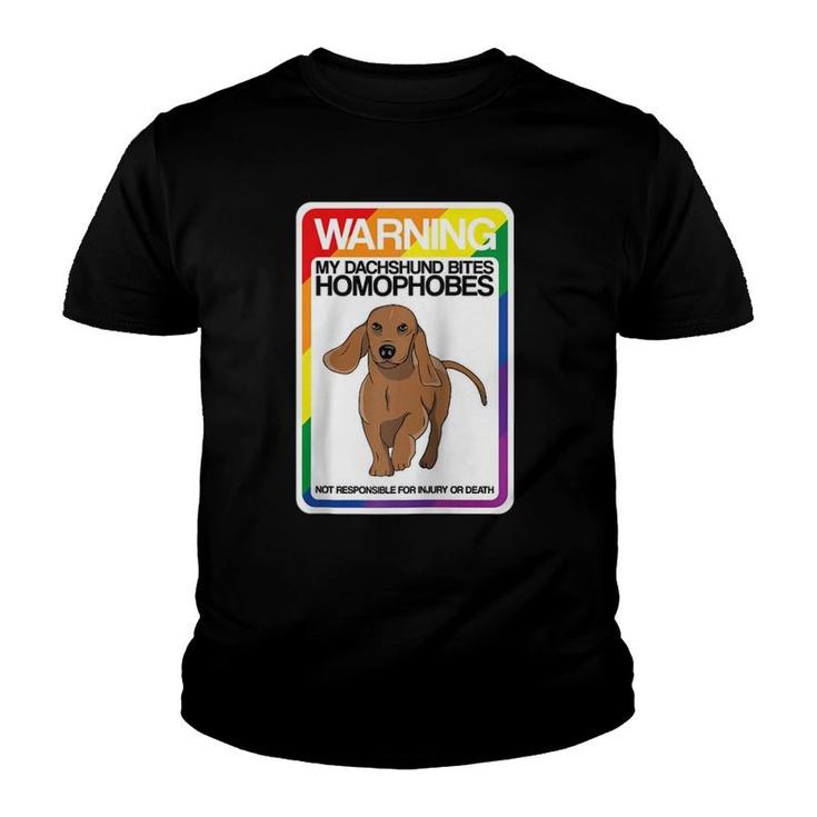 Lgbt Rainbow Funny Warning Dachshund Bites Homophobes Raglan Baseball Tee Youth T-shirt