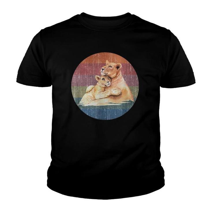 Lioness Lion Mom Baby Cub Watercolor On Distressed Sunset Youth T-shirt