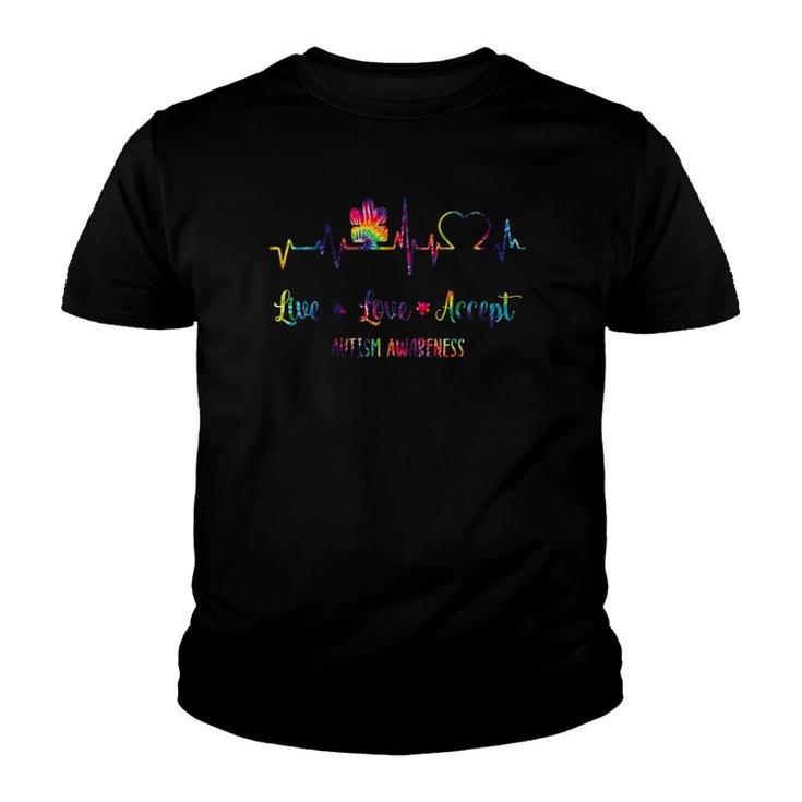 Live Love Accept Autism Awareness Tie Dye Autism Heartbeat Youth T-shirt