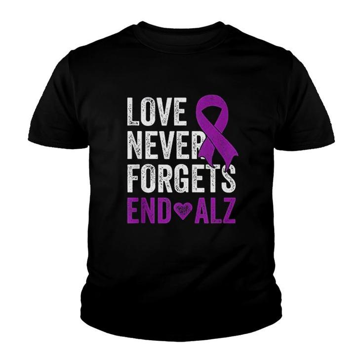 Love Never Forgets   Purple Ribbon Awareness End Alzheimers Youth T-shirt