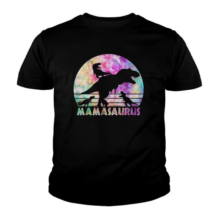 Mamasaurus Tie Dye Sunset Funny Dinosaur Mother Of 3 Kids Youth T-shirt